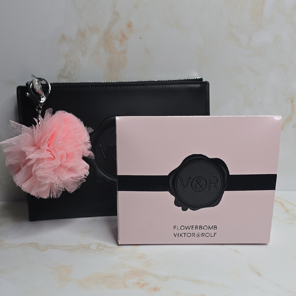 Viktor & Rolf Bundle Black Pouch with Pink Tulle Pompom Keychain And Tester